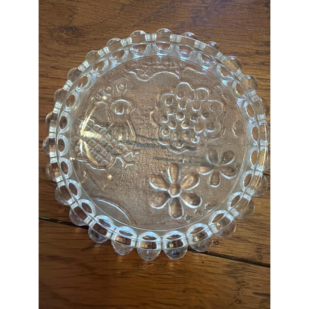 Vintage Clear Pressed Glass Coaster Bird Grapes Flowers Beaded Rim Trinket Dish